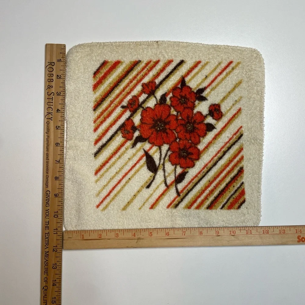Vintage MCM Cannon Floral Stripe Hand Towels Set of 6 Fringe Cotton USA Made